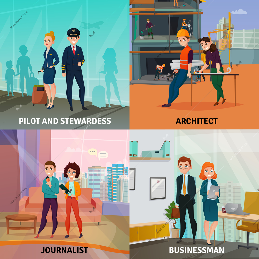 Different professions concept set of four compositions with cartoon style flat human characters in uniform vector illustration