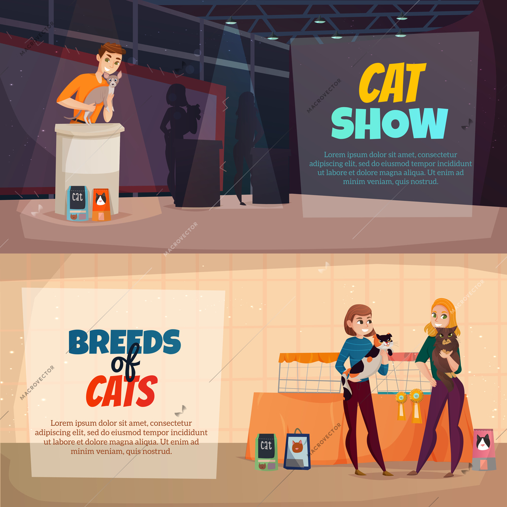 Cat breeds show announcement schedule and presentations 2  horizontal banners with pets food advertisement isolated vector illustration