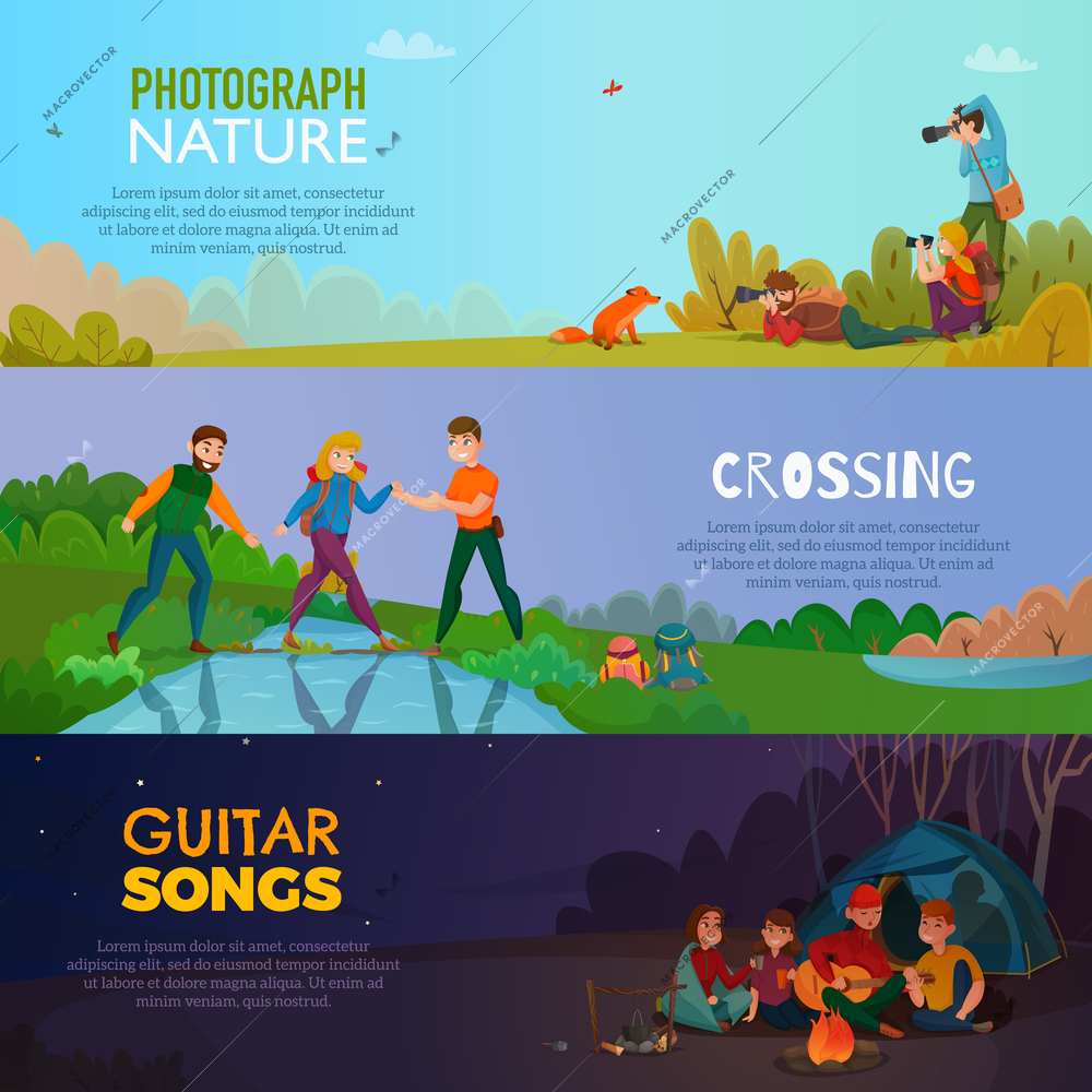 Camping people horizontal banners set with flat adventure landscapes and cartoon human characters with editable text vector illustration