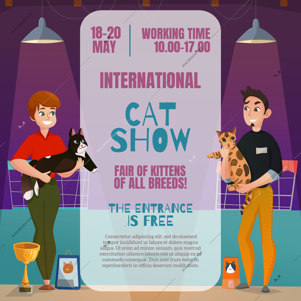 International all breeds cat show announcement poster with dates time place and 2 participants cartoon vector illustration