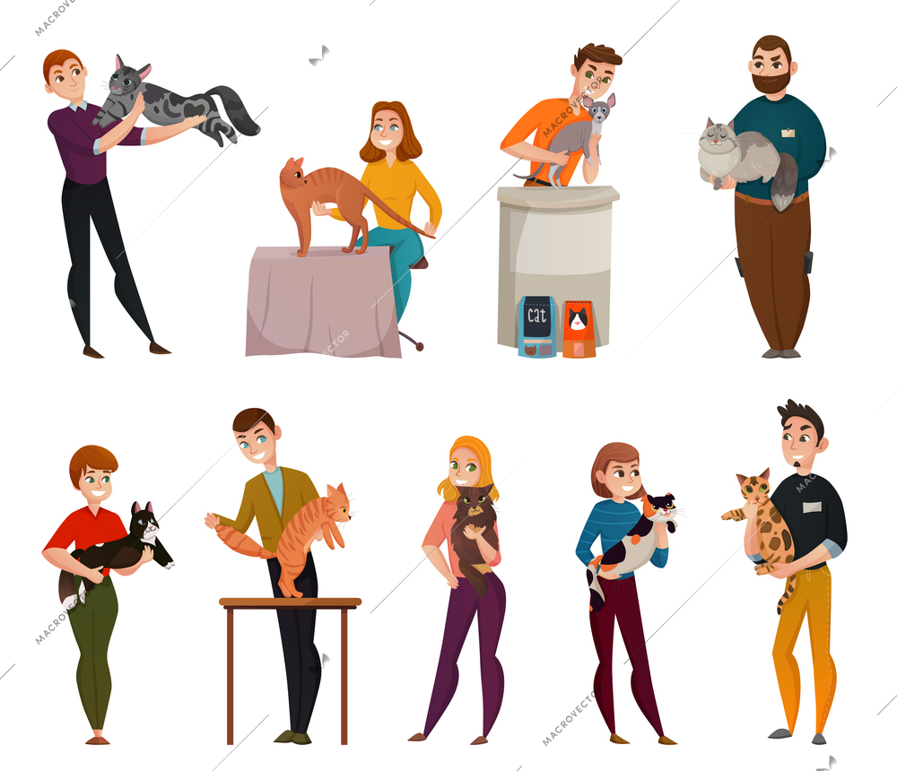 All-breed cats show isolated cartoon icons set with owners presenting pets to jury isolated vector illustration