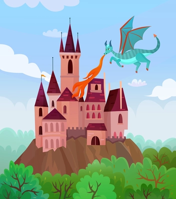 Fairy dragons composition with flat cartoon style images of flying fire-breathing dragon and castle landscape vector illustration