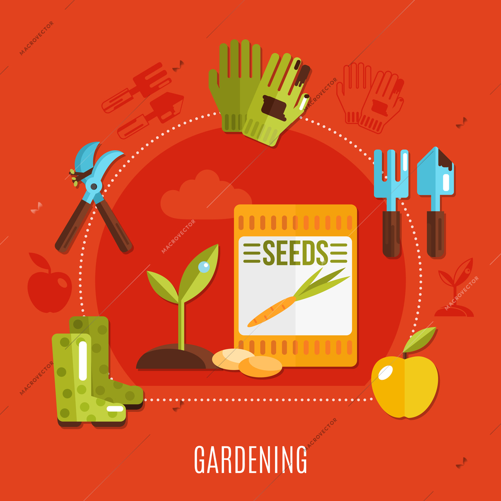 Colorful spring concept with gardening tools little sprout seeds and apple on red background flat vector illustration