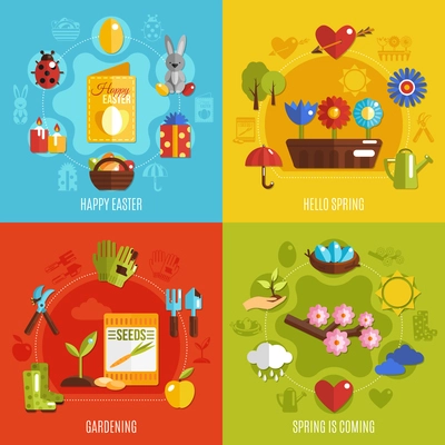 Spring easter holiday items blooming flowers and gardening tools 2x2 flat icons set on colorful background isolated vector illustration