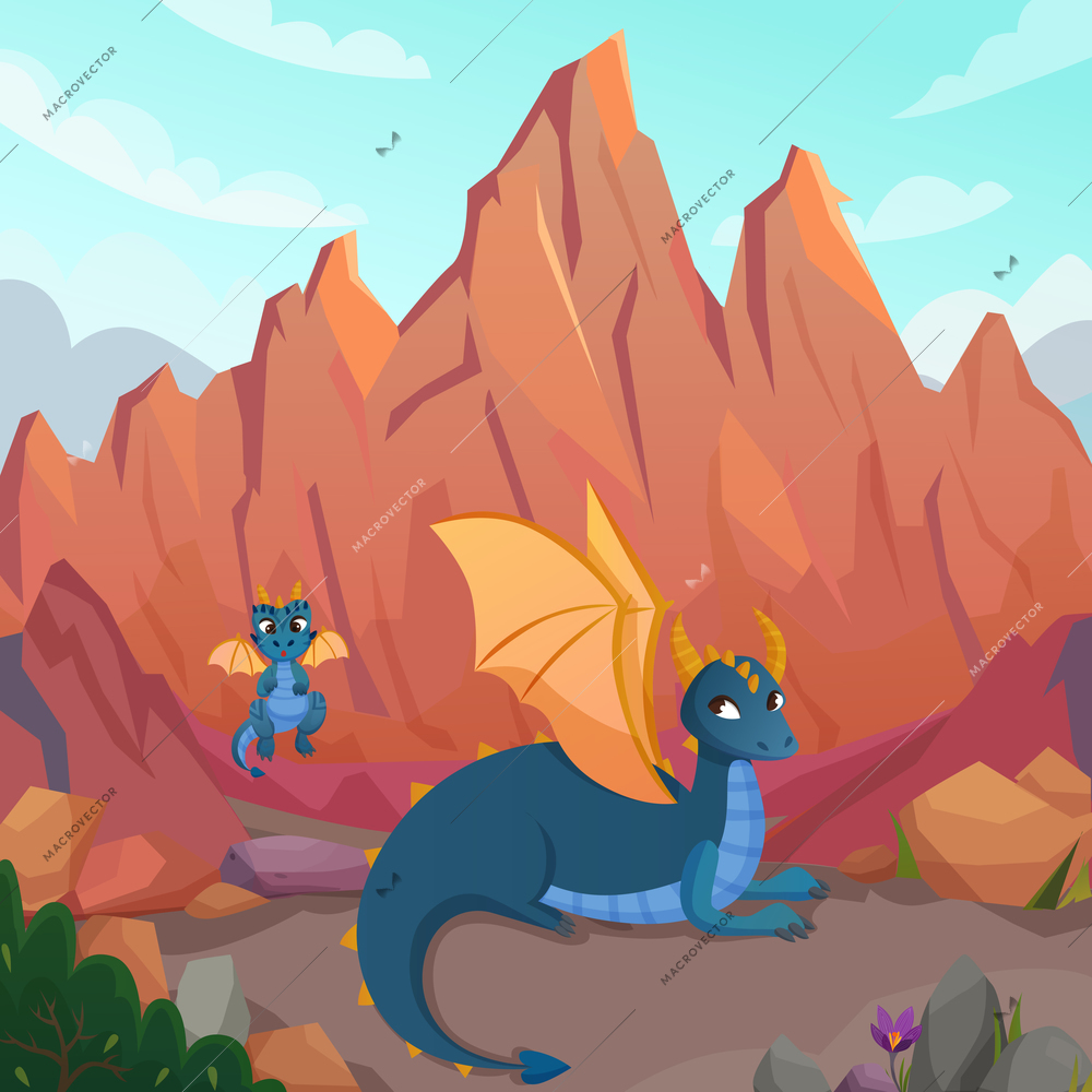 Fairy dragons composition with canyons landscape and cartoon characters of dragon family mother and kid vector illustation