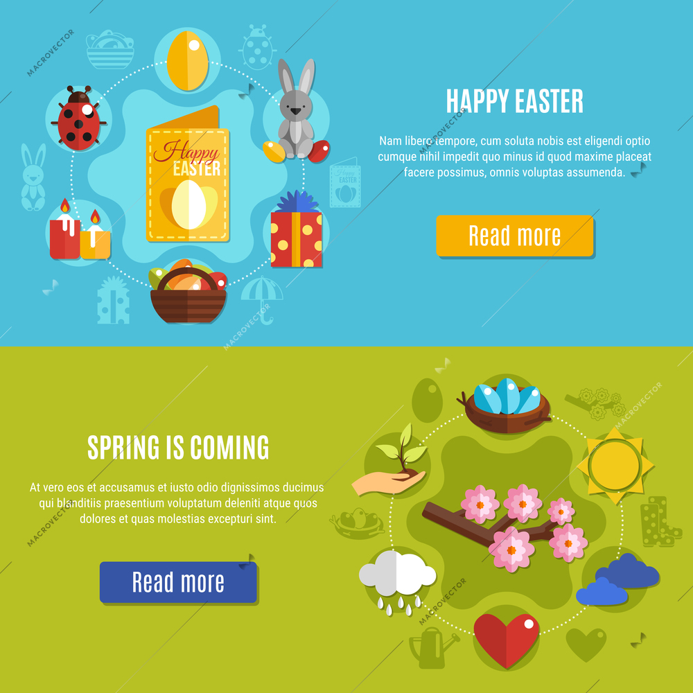 Flat set of two colorful horizontal banners with easter and spring icons isolated vector illustration