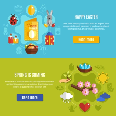 Flat set of two colorful horizontal banners with easter and spring icons isolated vector illustration