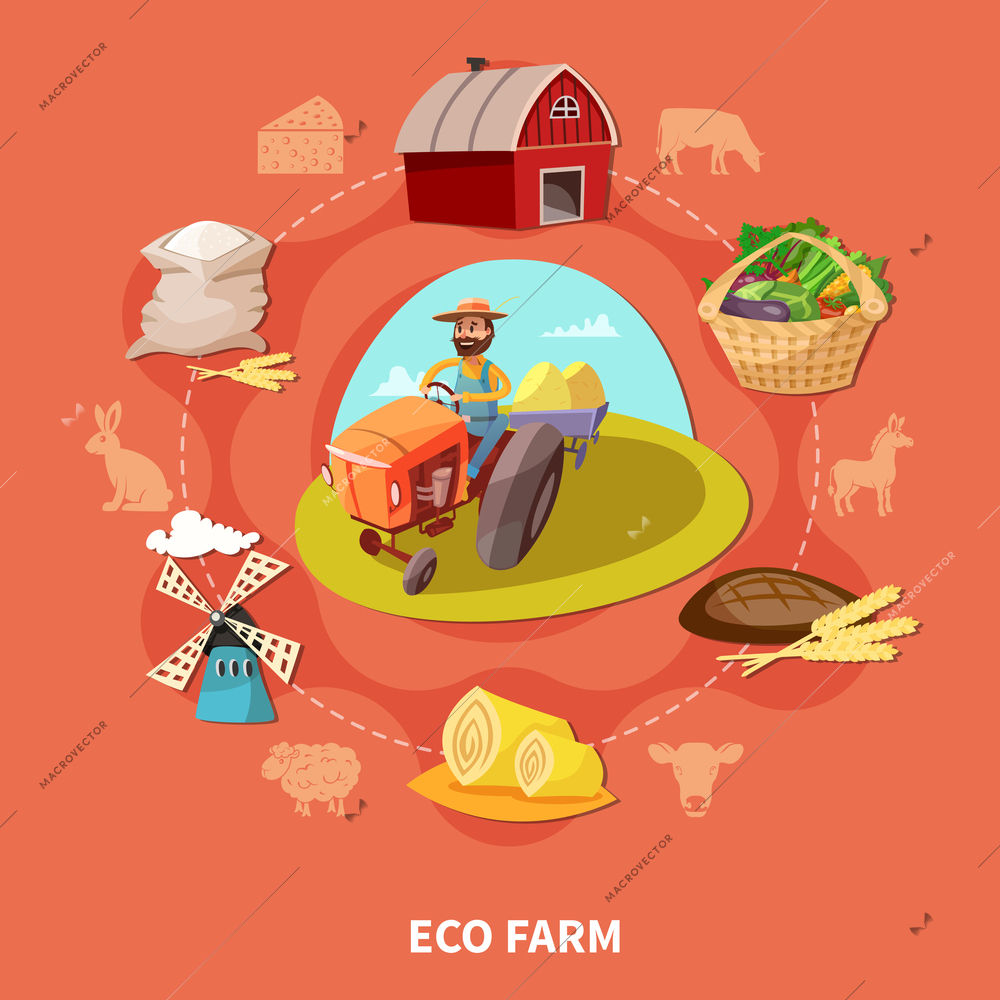 Farm cartoon colored composition with eco farm headline and different elements on the theme combined in circle vector illustration