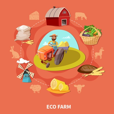 Farm cartoon colored composition with eco farm headline and different elements on the theme combined in circle vector illustration