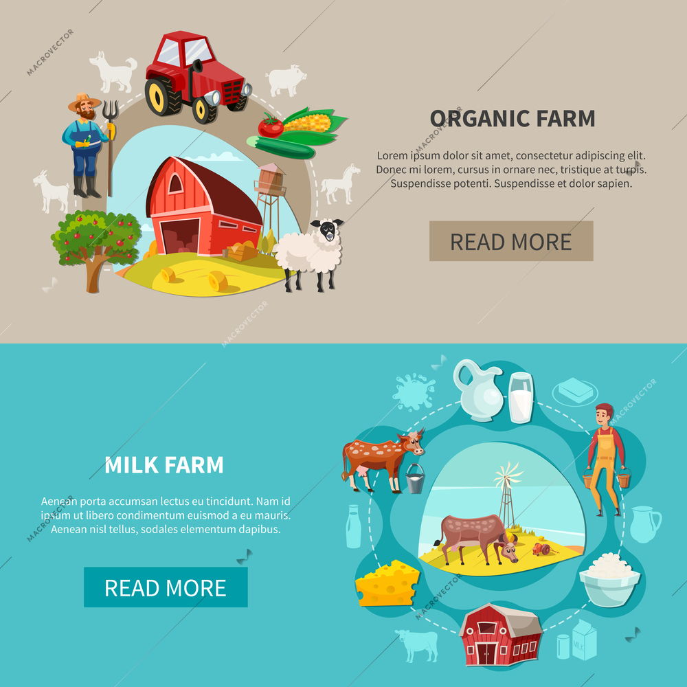 Two cartoon and horizontal farm banner set with organic and milk farms descriptions vector illustration