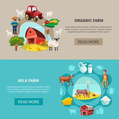 Two cartoon and horizontal farm banner set with organic and milk farms descriptions vector illustration