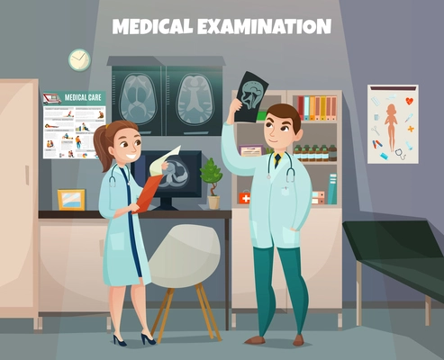 Doctors profession composition with clinic office room environment interior elements and human characters with ultrasonography baby shots vector illustration