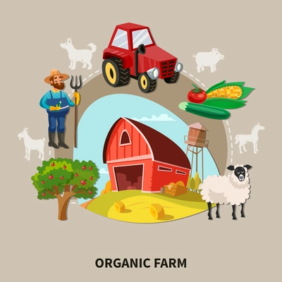 Farm cartoon composition organic farm headline with buildings elements and equipment vector illustrationK