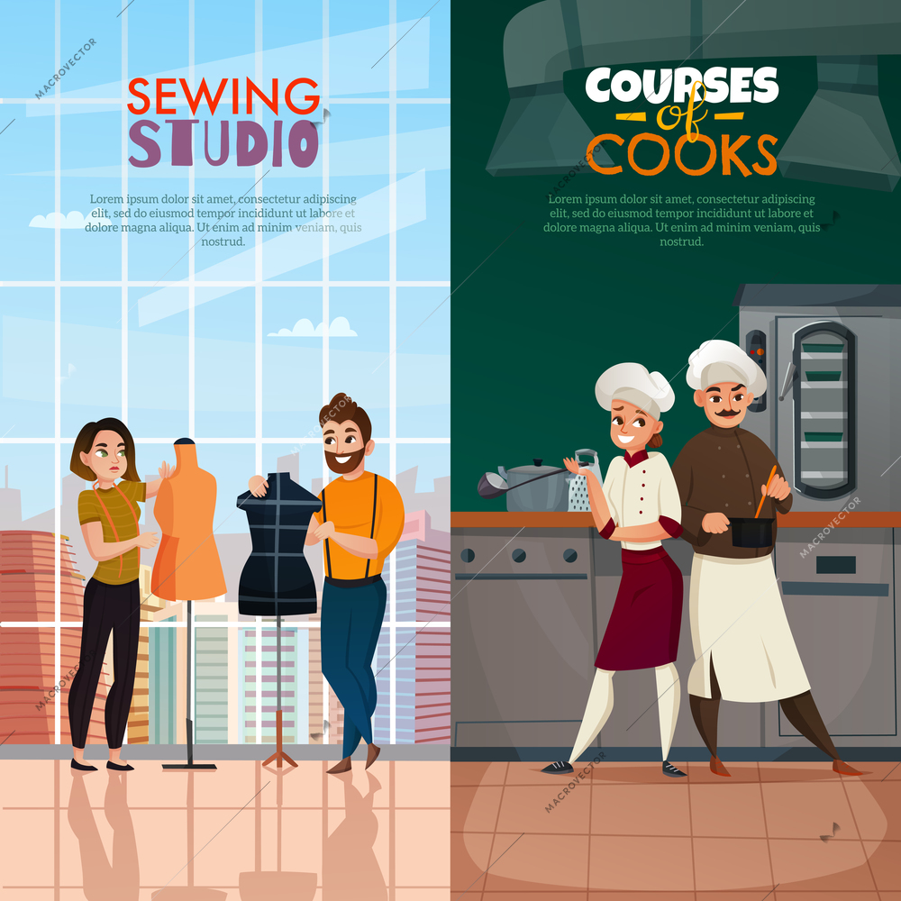 Different professions vertical banners collection with compositions of flat human characters and interiors with editable text vector illustration