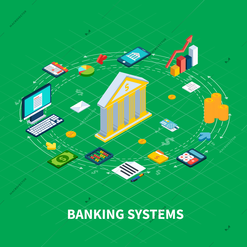 Data isometric round composition of organiser items and money icons with computer electronics and bank facade vector illustration