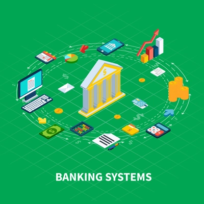 Data isometric round composition of organiser items and money icons with computer electronics and bank facade vector illustration