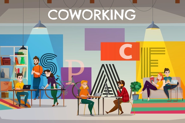 Coworking poster background with text and flat open space interior with tables sofas and people characters vector illustration