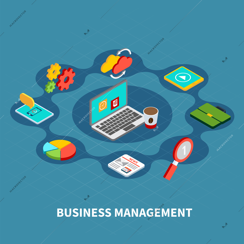 Data isometric circle composition with statistical pictograms of gear electronic gadgets and laptop computer with text vector illustration