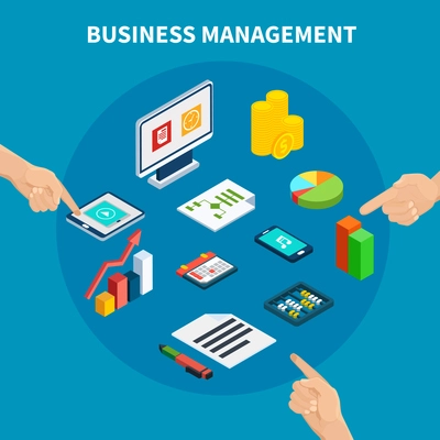 Data isometric composition of isolated icons with human hands touching statistical pictograms and gadgets with text vector illustration