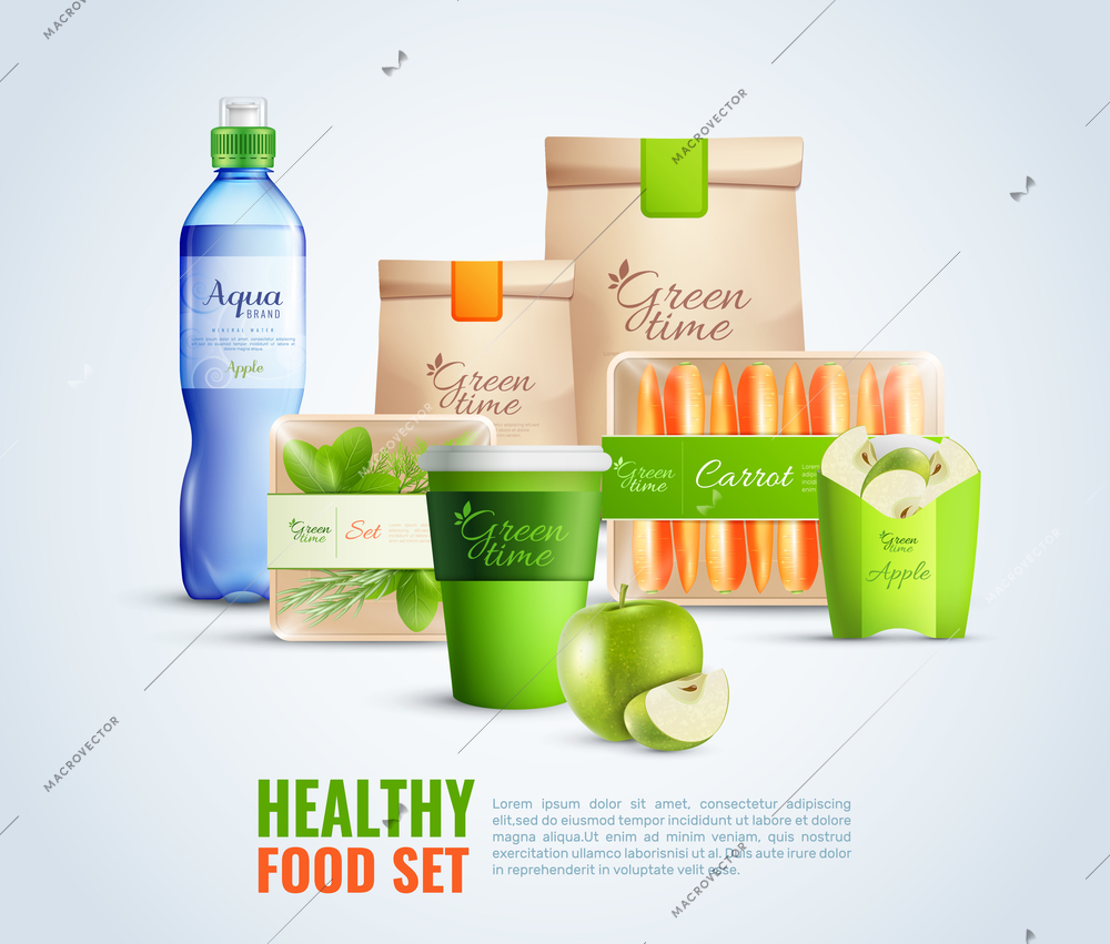 Packaging template of healthy street food and drink with brand identity, composition on light background vector illustration
