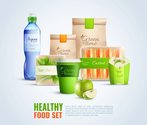 Packaging template of healthy street food and drink with brand identity, composition on light background vector illustration