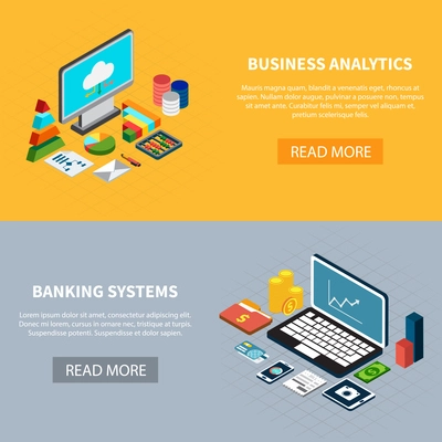 Set of two horizontal data isometric banners with laptop computer and money icons with read more button vector illustration