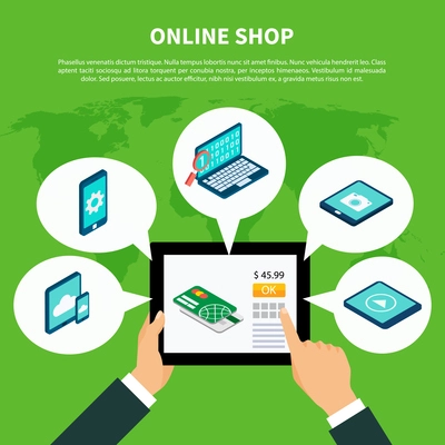 Data isometric conceptual composition of world map background human hands with tablet and gadgets with text vector illustration