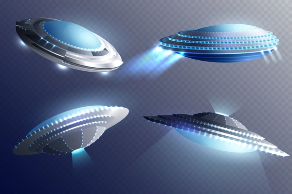 Set of glowing alien spaceships in saucer shape isolated on transparent background 3d vector illustration