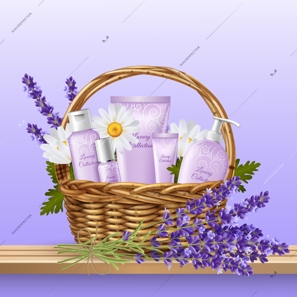 8 march holiday present with basket full of flowers face and body care products realistic background vector illustration