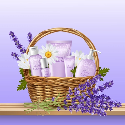 8 march holiday present with basket full of flowers face and body care products realistic background vector illustration