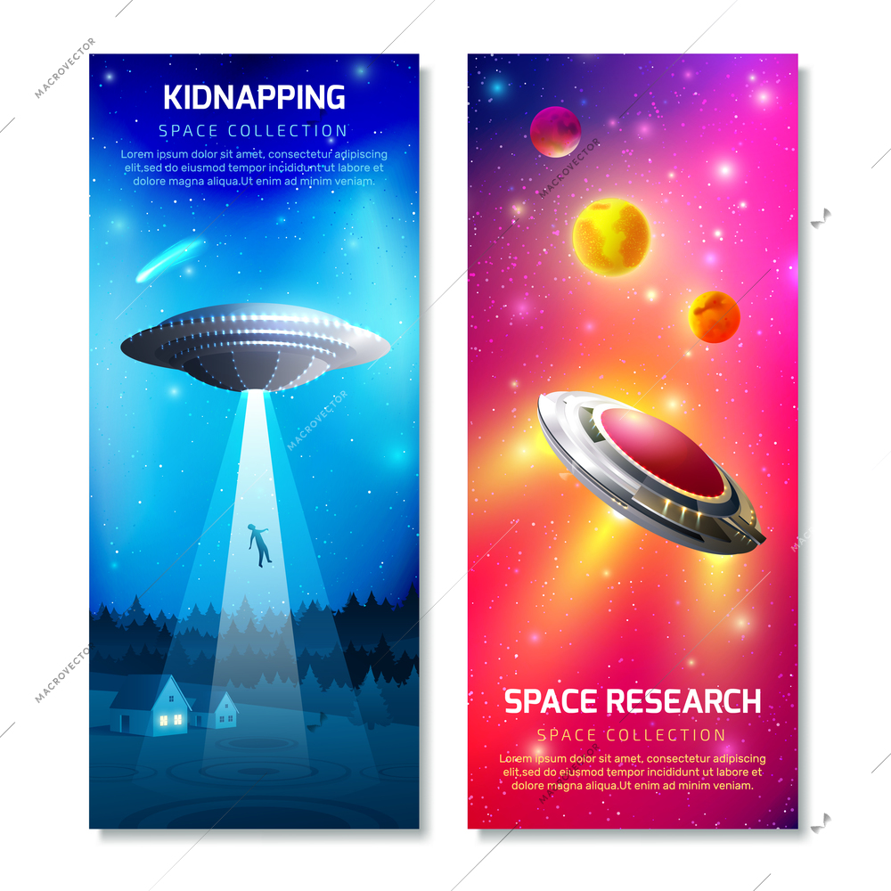 Alien spaceship vertical banners with kidnapping of person on night sky background, space research isolated vector illustration