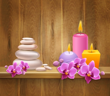 8 march realistic background with colorful candles flowers and spa stones on wooden shelf vector illustration