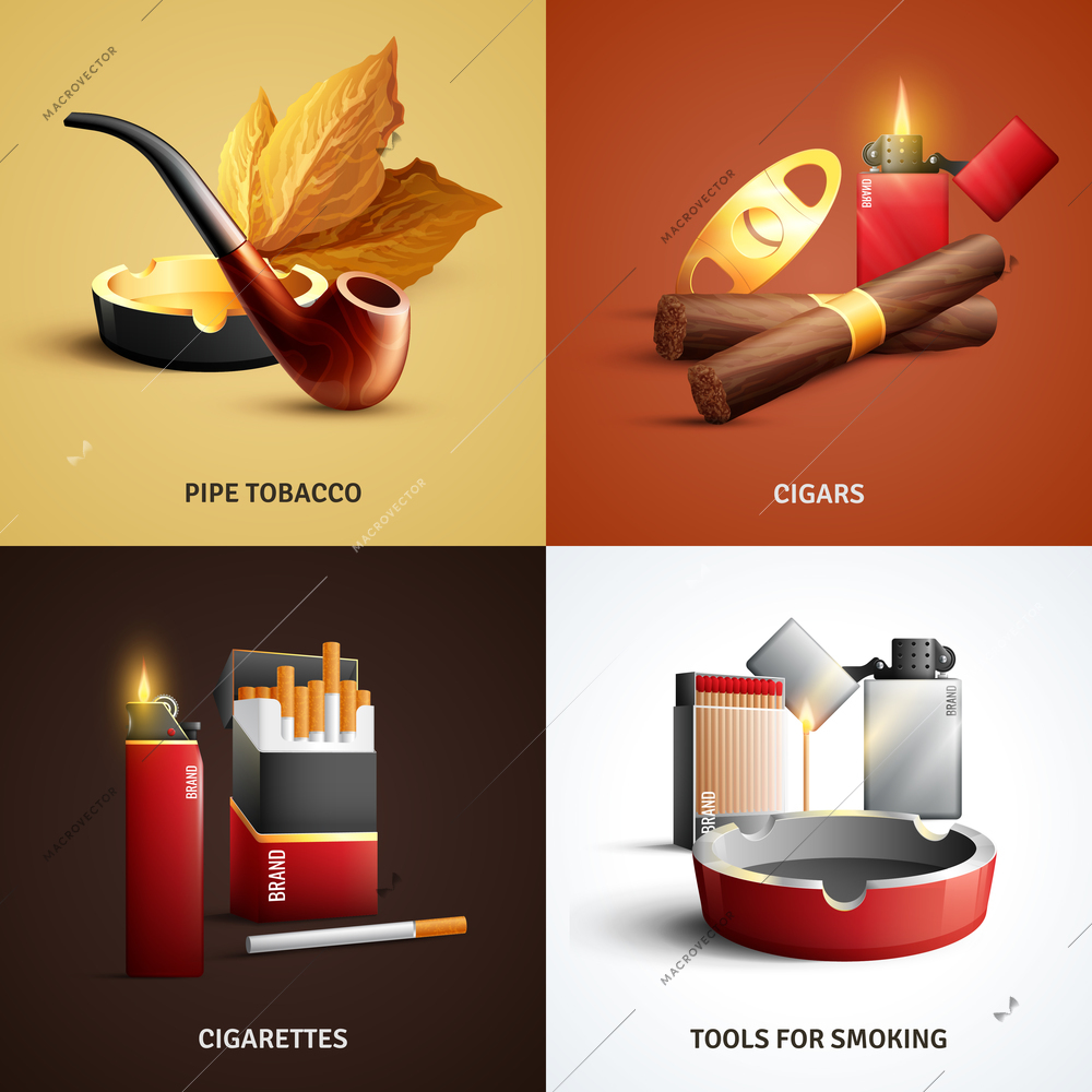 Tobacco products design concept with cigars, cigarettes, wood pipe and ashtray, tools for smoking isolated vector illustration