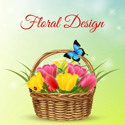 Romantic realistic background to 8 march holiday with basket full of tulips vector illustration