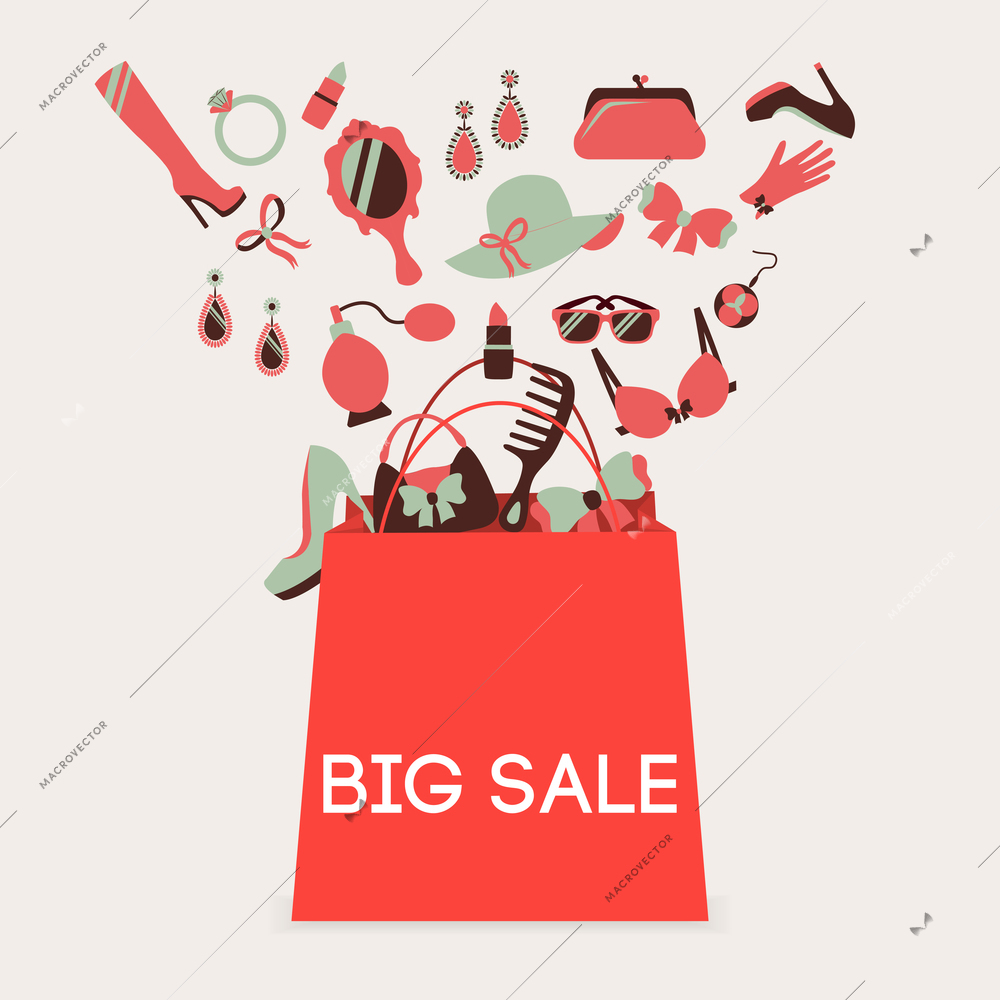 Woman shopping bag made of girl accessories big sale poster vector illustration