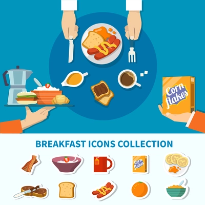 Food and drinks for breakfast flat colorful icons collection with flakes coffee toast bacon porridge orange isolated vector illustration