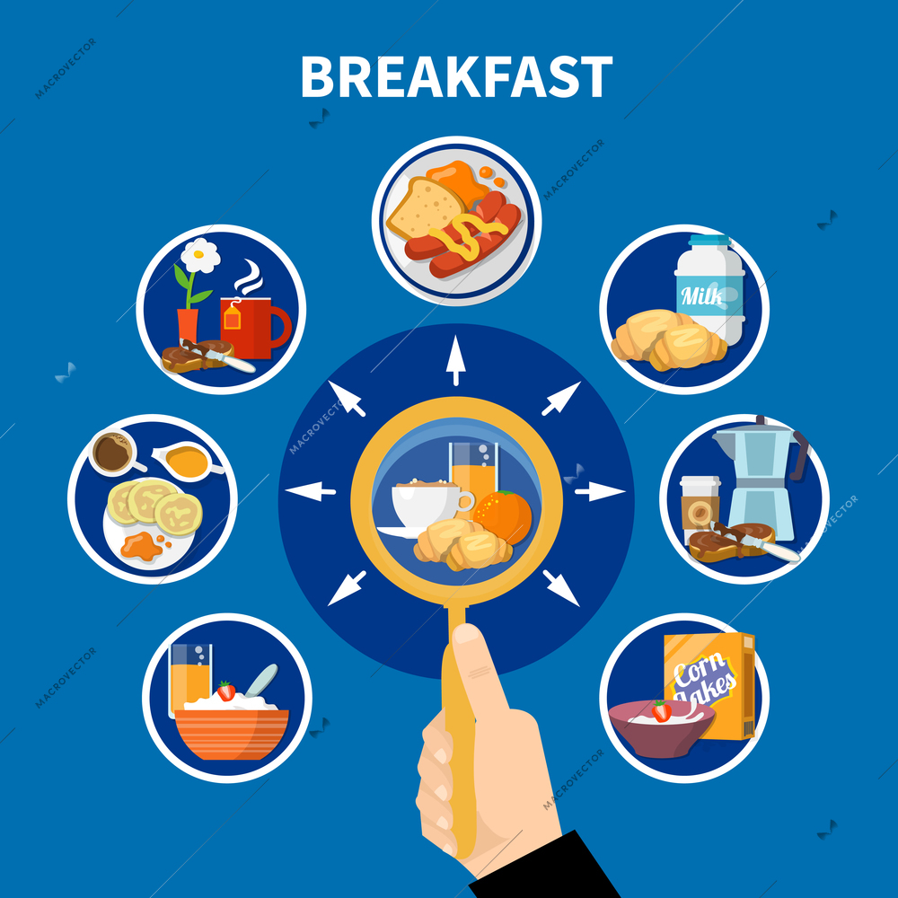 Flat design colorful concept with variants of traditional breakfast isolated on blue background vector illustration