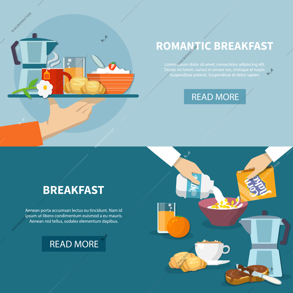 Horizontal banners set with romantic breakfast on tray and process of cooking cornflakes flat isolated vector illustration