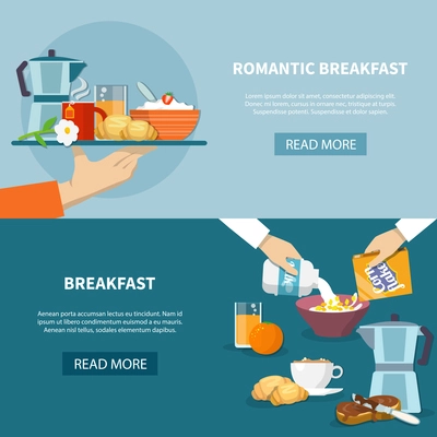 Horizontal banners set with romantic breakfast on tray and process of cooking cornflakes flat isolated vector illustration