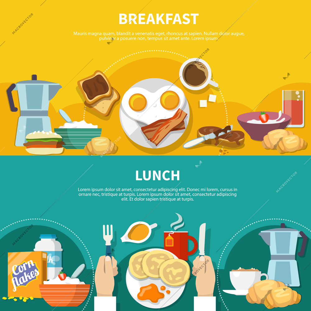 Flat horizontal banners set with served lunch and breakfast isolated on colorful background vector illustration