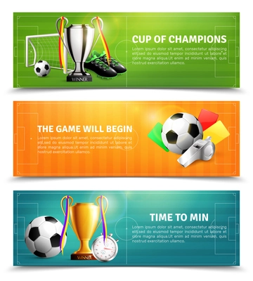 Soccer horizontal banners set with sports equipment, penalty cards, trophy isolated on football field background vector illustration