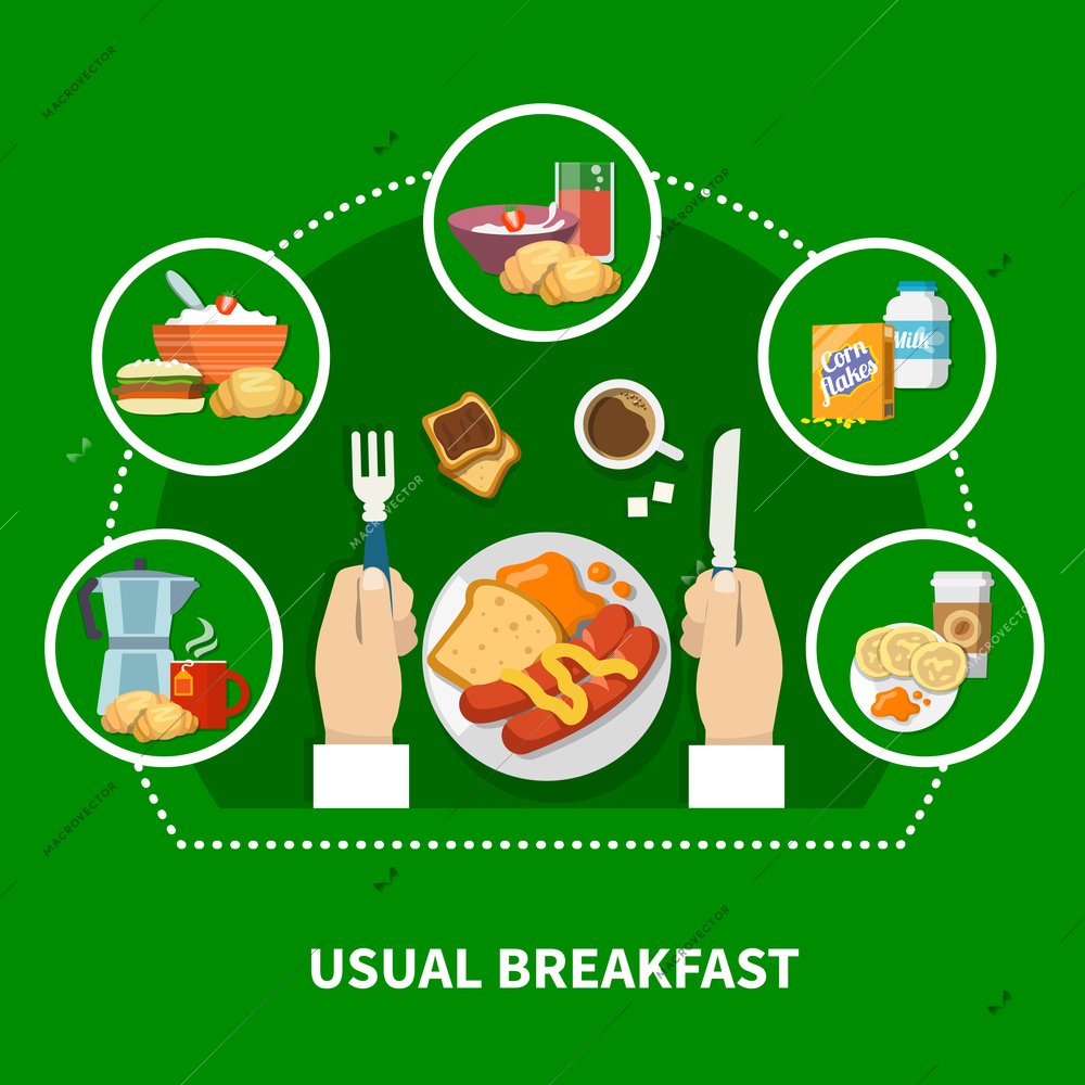Traditional usual breakfast concept with porridge sausages cornflakes pancakes coffee toast on green background flat vector illustration