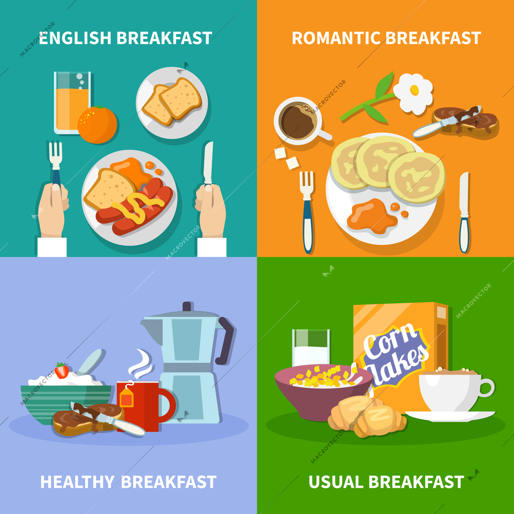 Flat design colorful 2x2 icons set with served english healthy usual and romantic variants of breakfast isolated vector illustration