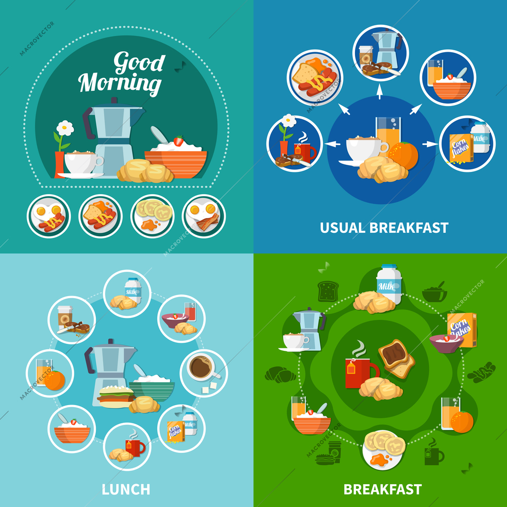 Various breakfast and lunch dishes and drinks 2x2 icons set isolated on colorful background flat vector illustration