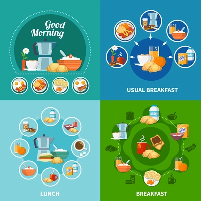 Various breakfast and lunch dishes and drinks 2x2 icons set isolated on colorful background flat vector illustration