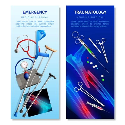 Surgical traumatology vertical banners with medical tools and x-ray snapshots for emergency help isolated vector illustration