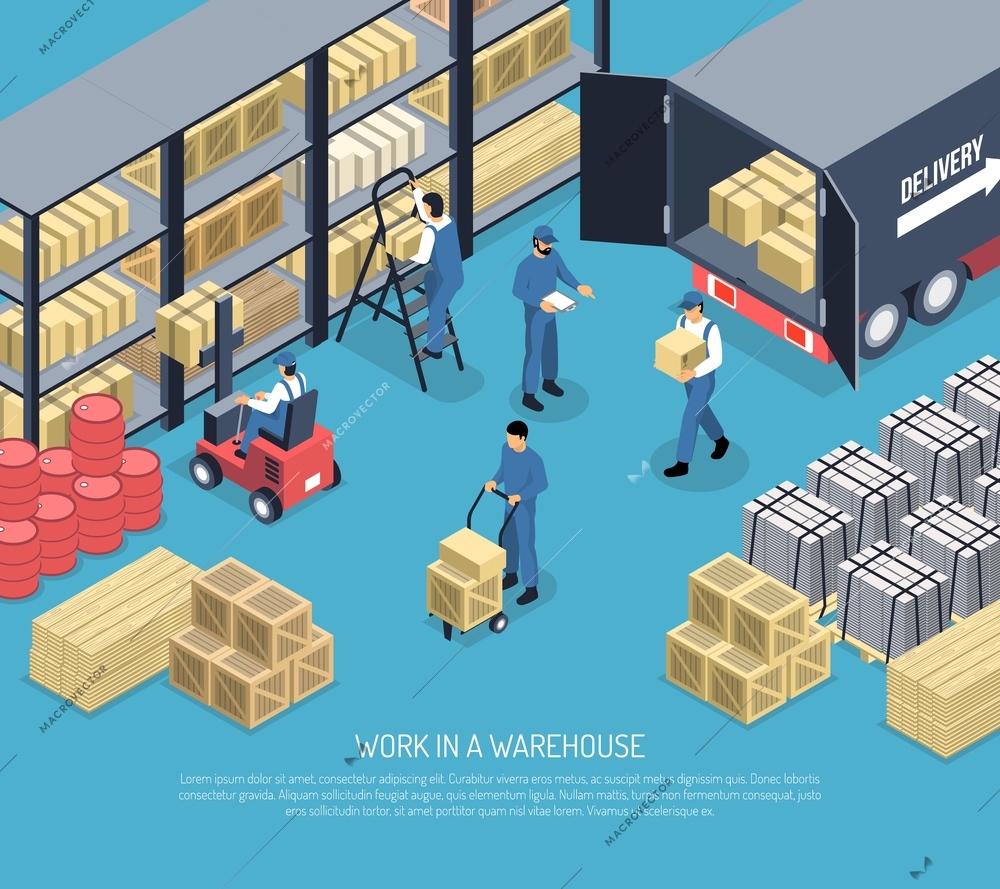 Work in ware house scene with staff, shelves with packages, shipment goods from truck isometric vector illustration