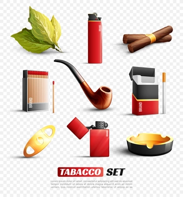 Set of tobacco products and accessories including cigars, cigarettes, lighter, ashtray isolated on transparent background vector illustration