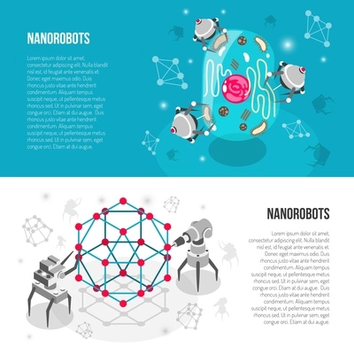 Set of horizontal isometric banners with nano robots, lattice, cell isolated on white turquoise background vector illustration
