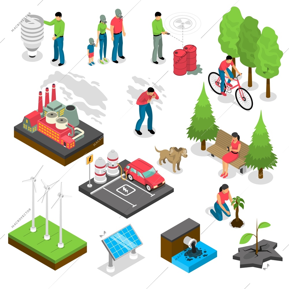 Ecology isometric set with green energy, air and water pollution, electric car, nature revival isolated vector illustration